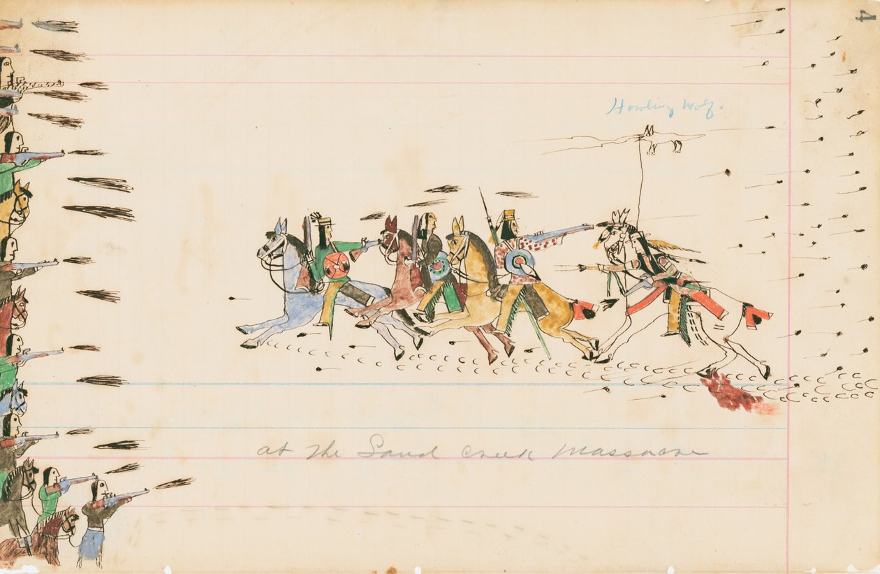 A Sand Creek-i mészárlásnál, 1874-75 (toll, tinta és WC a főkönyvi papíron) alkotó: Howling Wolf