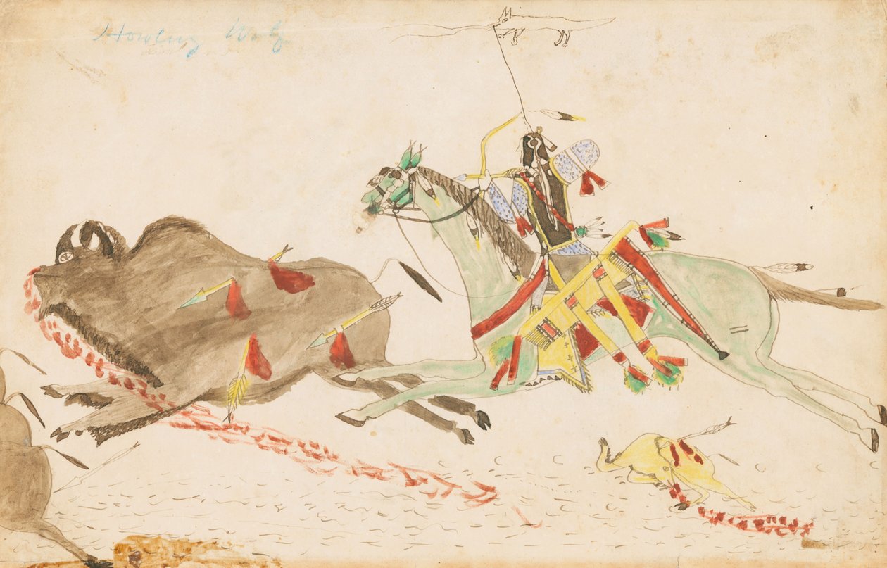 Üvöltő farkas bölényre vadászik, 1874-75 (toll, tinta és wc főkönyvi papírra) alkotó: Howling Wolf