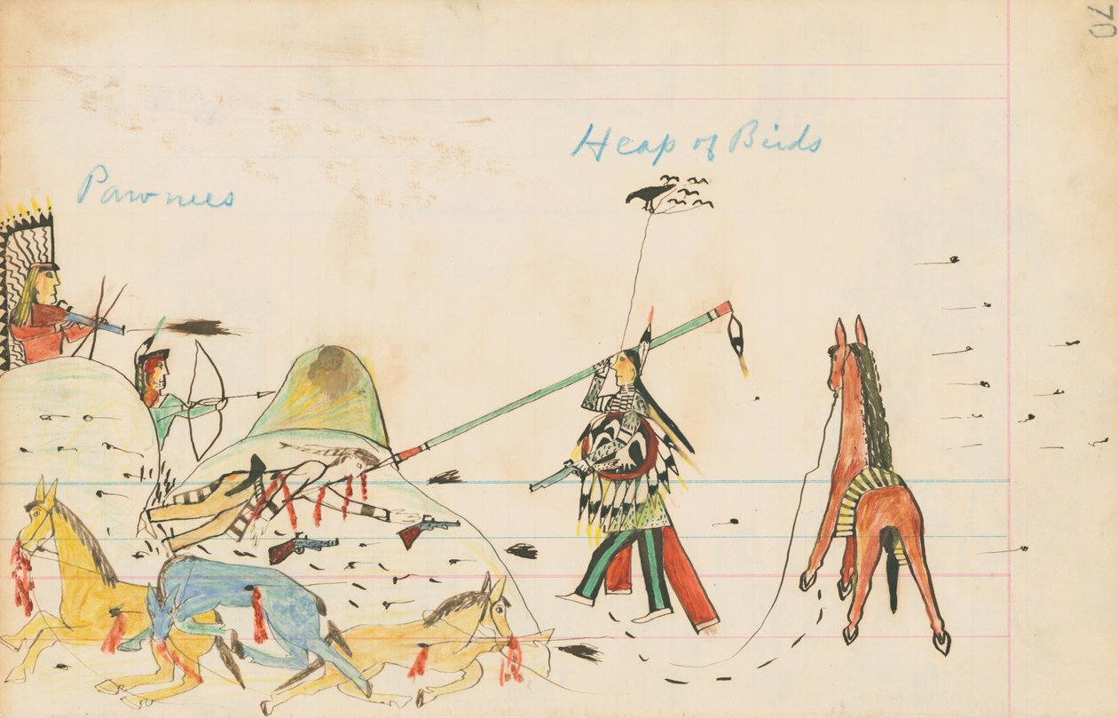 Pawnees és Heap of Birds, 1874-75 (toll, tinta és WC a főkönyvi papíron) alkotó: Howling Wolf