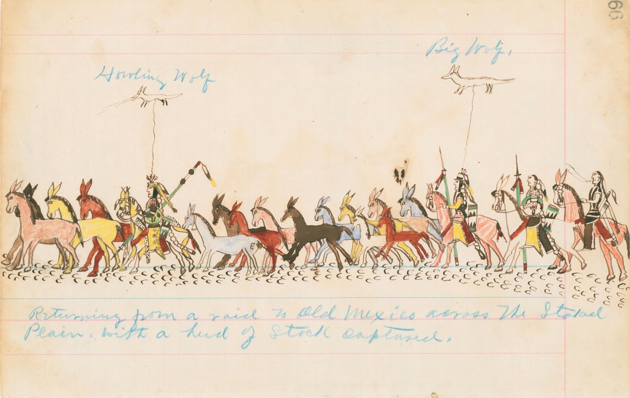 Visszatérés egy razziáról Old Mexikóba a Staked Plains-on át, 1874–1875-ben elfogott állománycsordával (toll, tinta és WC a főkönyvi papíron) alkotó: Howling Wolf