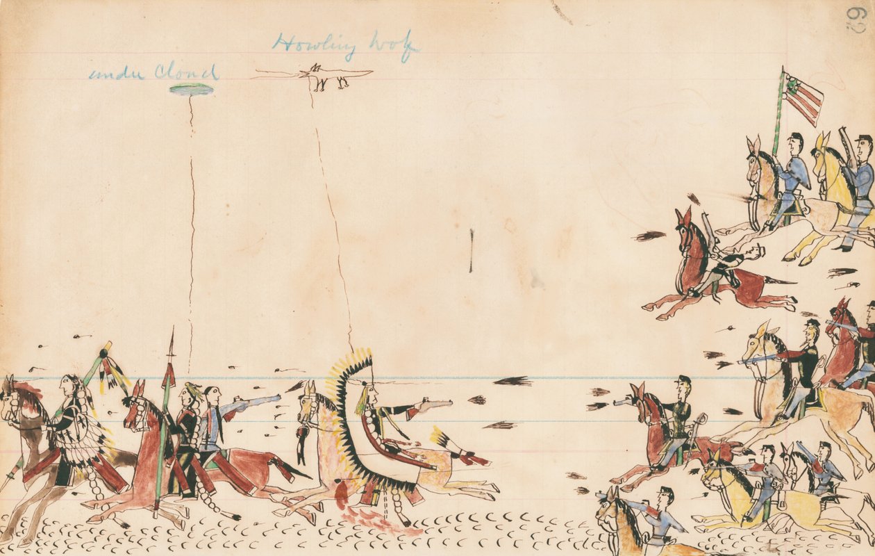 Under Cloud és Üvöltő farkas harcol Sully tábornokkal 1868-ban, a 7. barlangban a jelenlegi tábor utánpótlás közelében, 1874-75 (toll, tinta és WC a főkönyvi papíron) alkotó: Howling Wolf