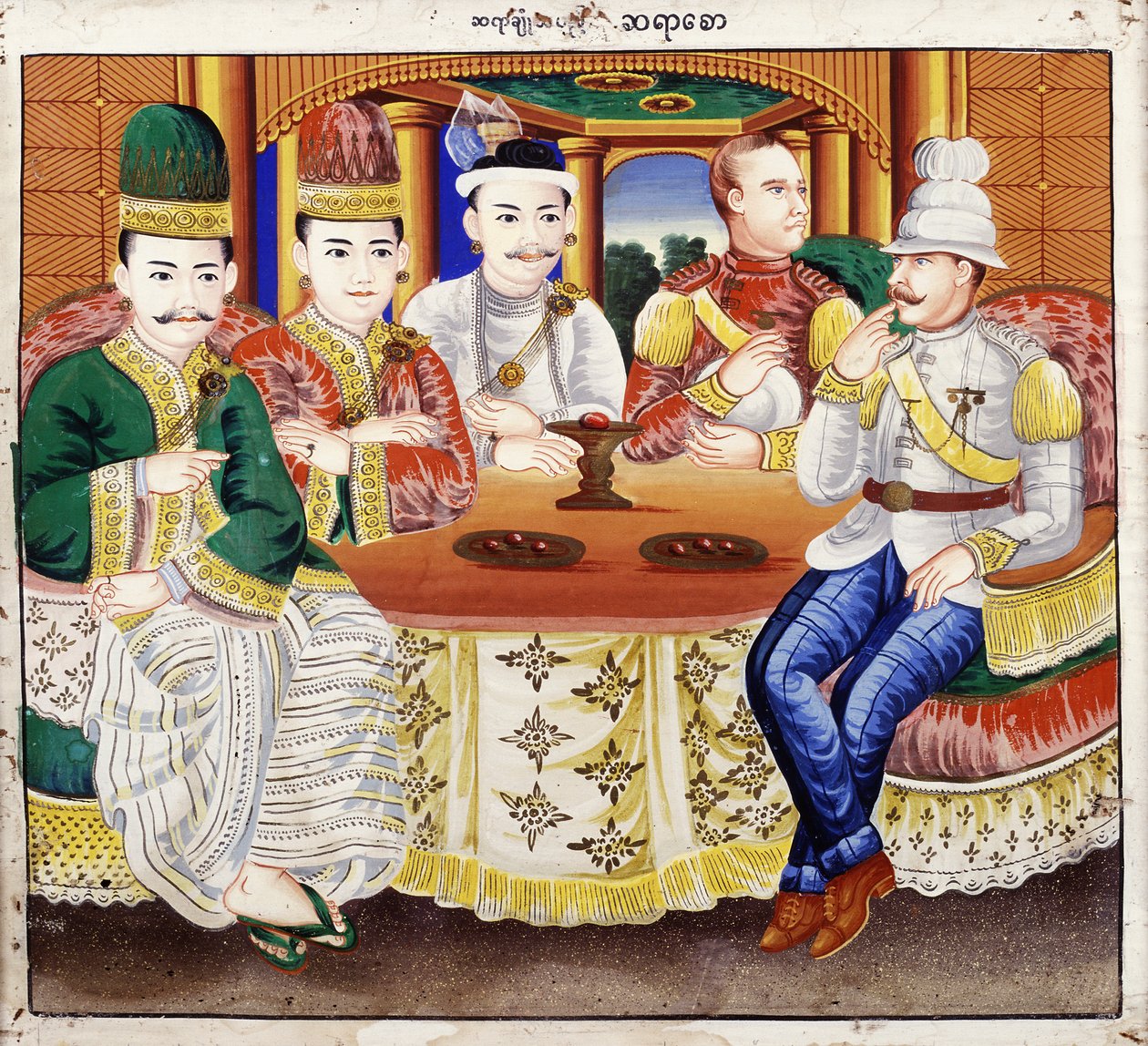 Thibaw király méltóságokkal és egy brit tiszttel (wc textil) alkotó: Hsaya Chone and Hsaya Saw