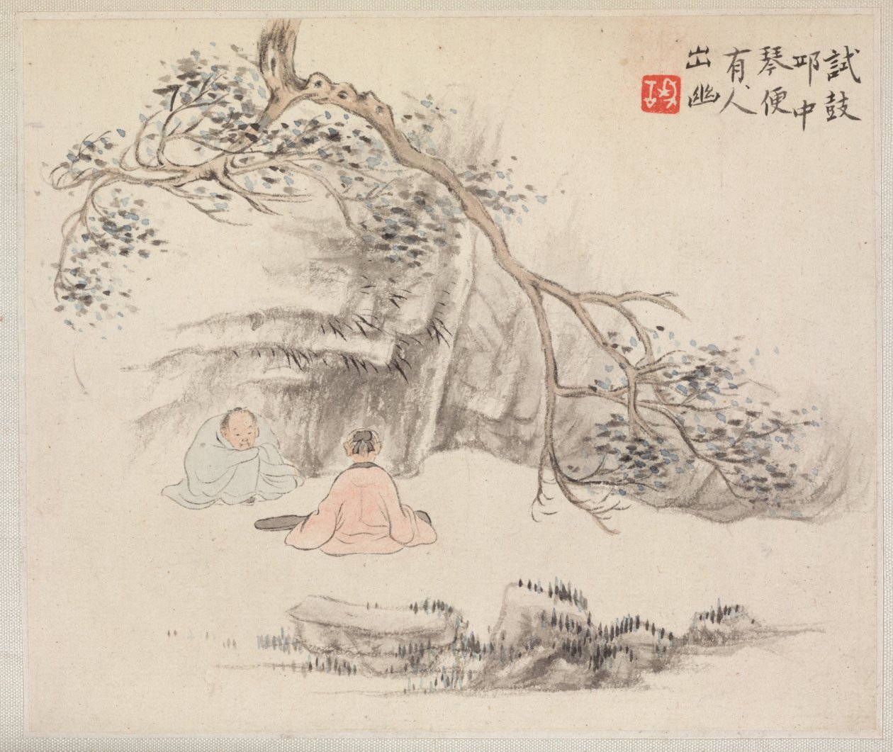 Régi verseket illusztráló tájfestmények albuma: Két figura kívül..., 1700-as évek. alkotó: Hua Yan