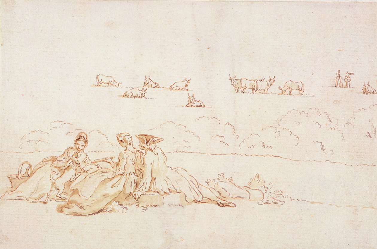 Piknik: Két hölgy és egy úriember (barna mosás tollal és barna tinta piros krétával papíron) alkotó: Hubert Francois Gravelot