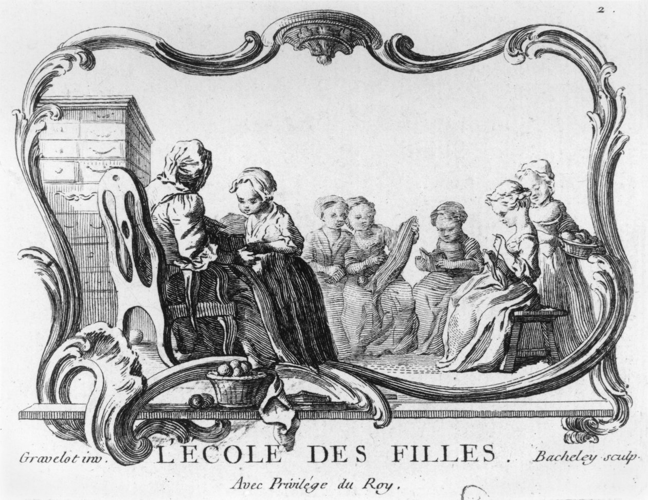 Leányiskola, a varró osztály, Jacques Bacheley (1712-81) metszete. alkotó: Hubert Francois Gravelot