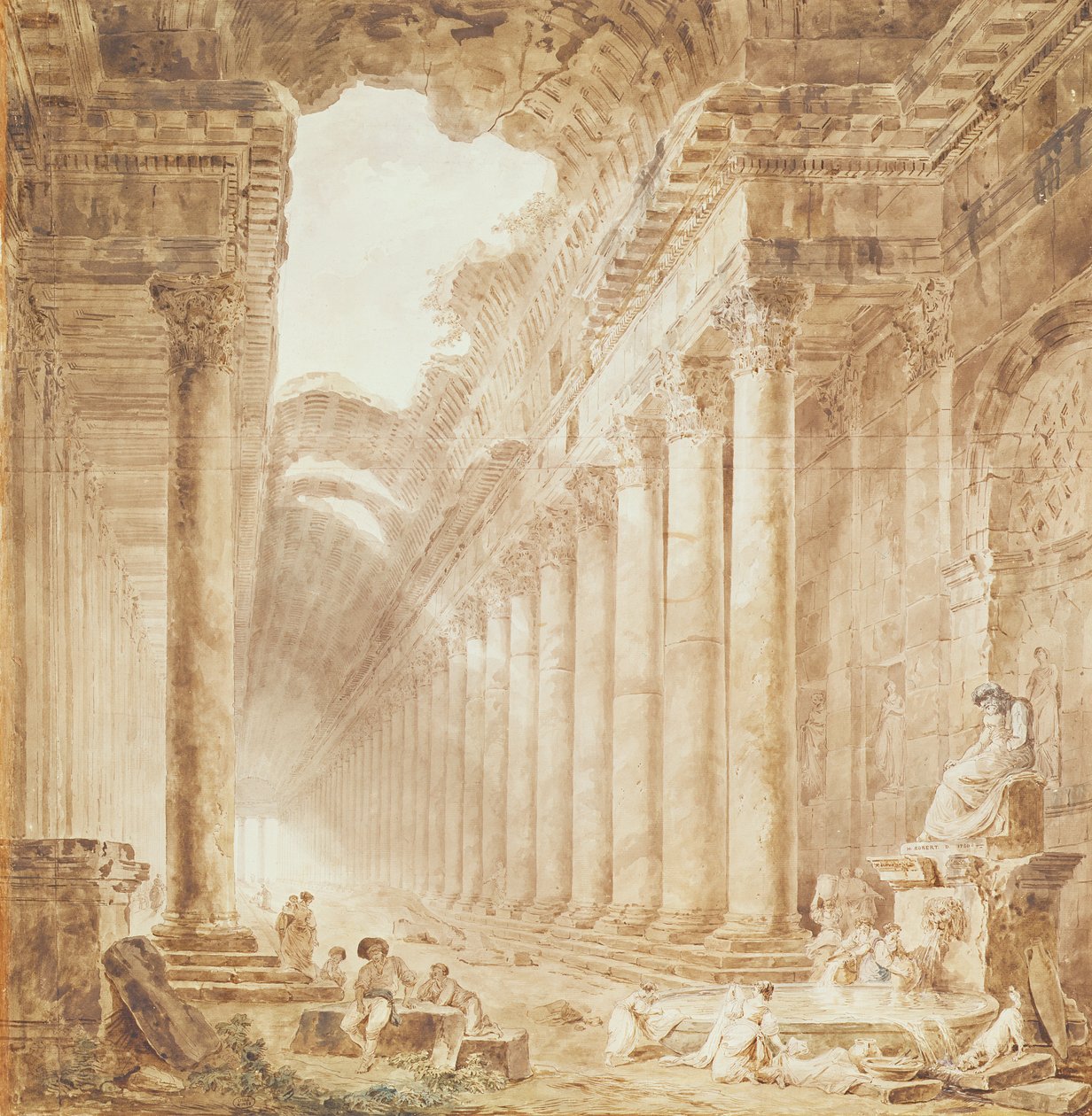 Egy oszlopcsarnok romokban, 1780 (toll, tinta és WC papíron) alkotó: Hubert Robert