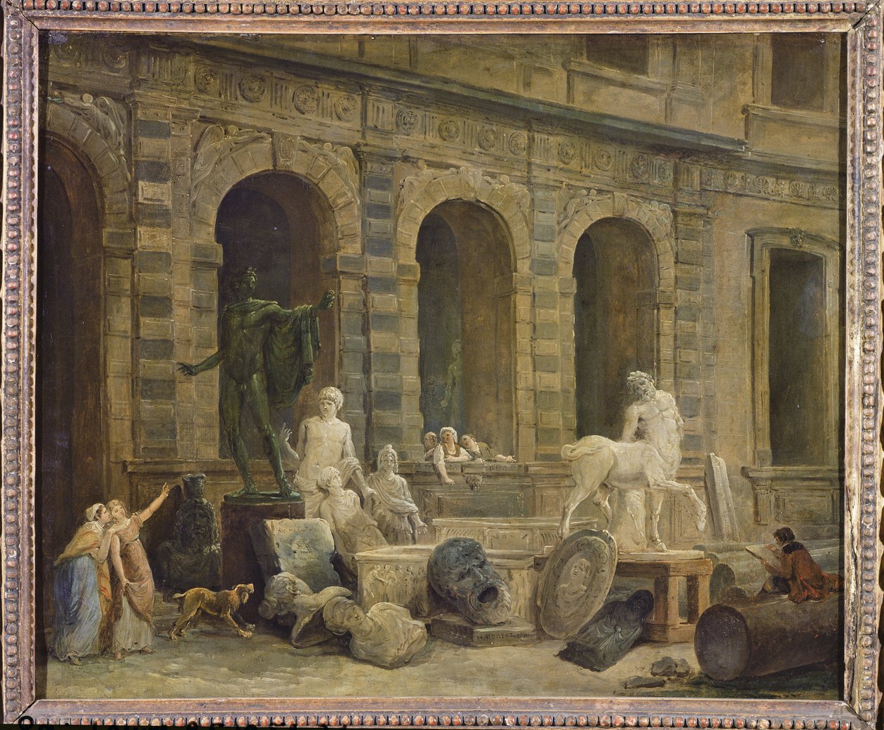 Egy férfi, aki régiségeket rajzol a Louvre-i Petite Galerie előtt, 1781 alkotó: Hubert Robert