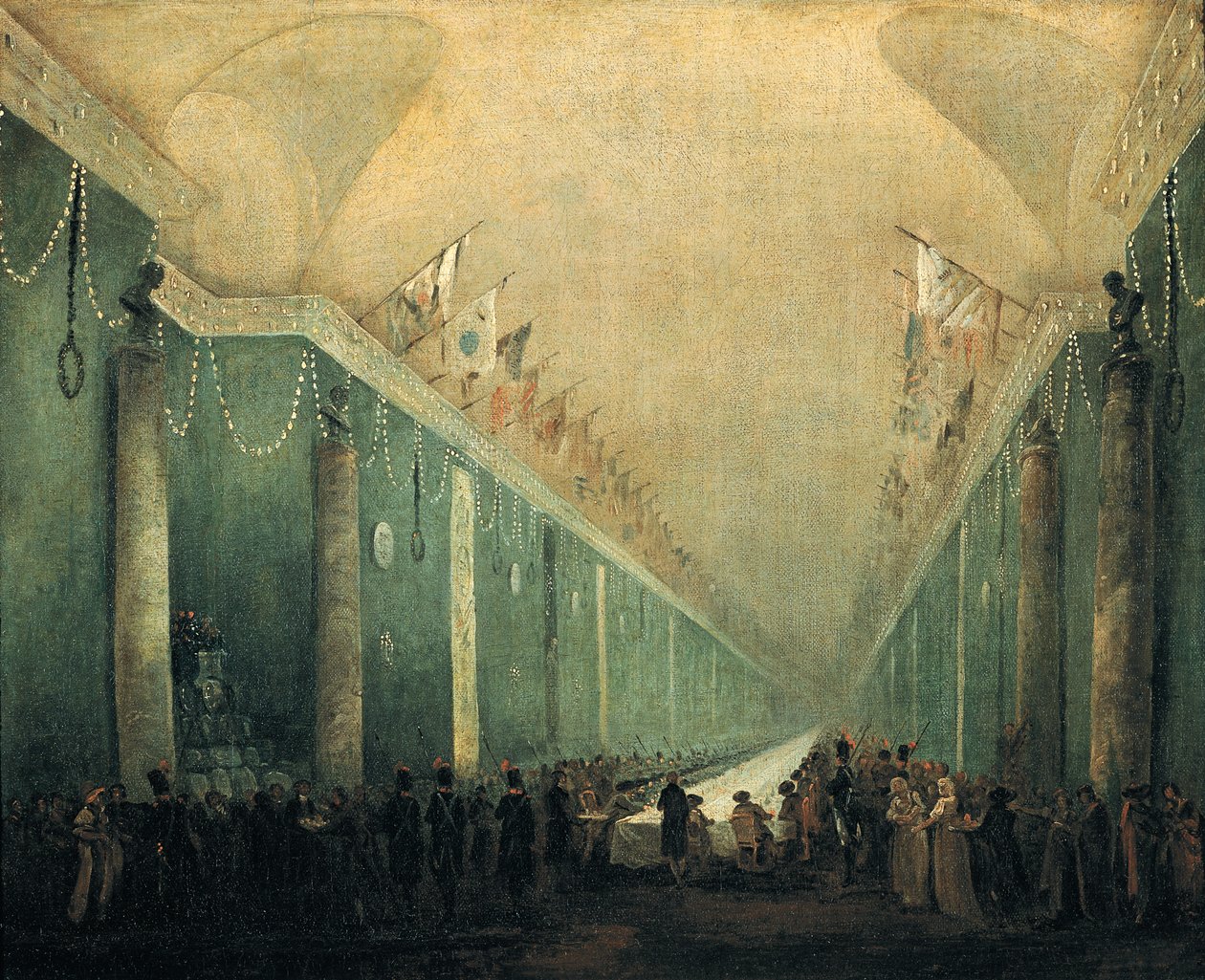 Bonaparte Napóleon (1769-1821) tiszteletére rendezett bankett a Louvre Grande Galériájában, 1797. december 20. alkotó: Hubert Robert