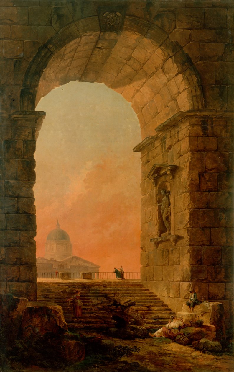 Tájkép egy boltívvel és a római Szent Péter kupolával alkotó: Hubert Robert