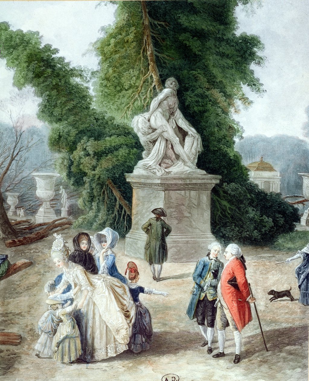 XVI. Lajos (1754-1793) és Marie-Antoinette (1755-1793) a Tapis Vert bejáratánál a versailles-i kertekben, 1775 (színes metszet) (részlet) alkotó: Hubert Robert
