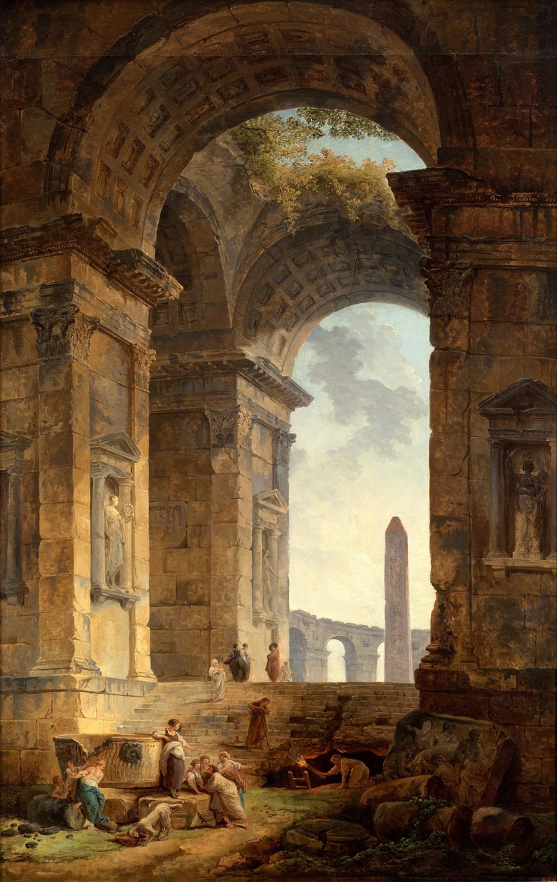 Romok, obeliszk a távolban alkotó: Hubert Robert