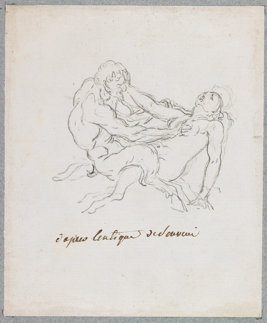 Szatír és faun ölelkezik (fekete kréta, papír) alkotó: Hubert Robert