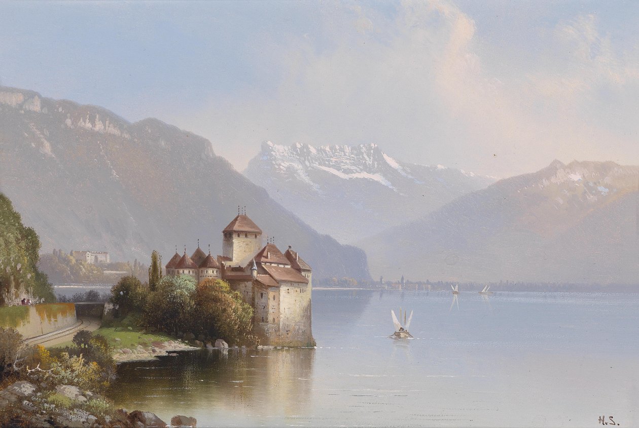 Kilátás a Genfi -tó Chillon -kastélyára alkotó: Hubert Sattler