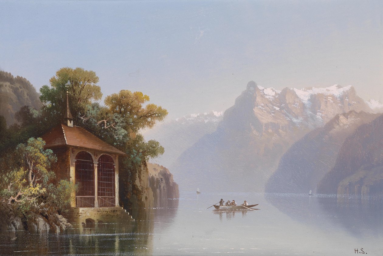 Kilátás a Genfi -tó Chillon -kastélyára alkotó: Hubert Sattler