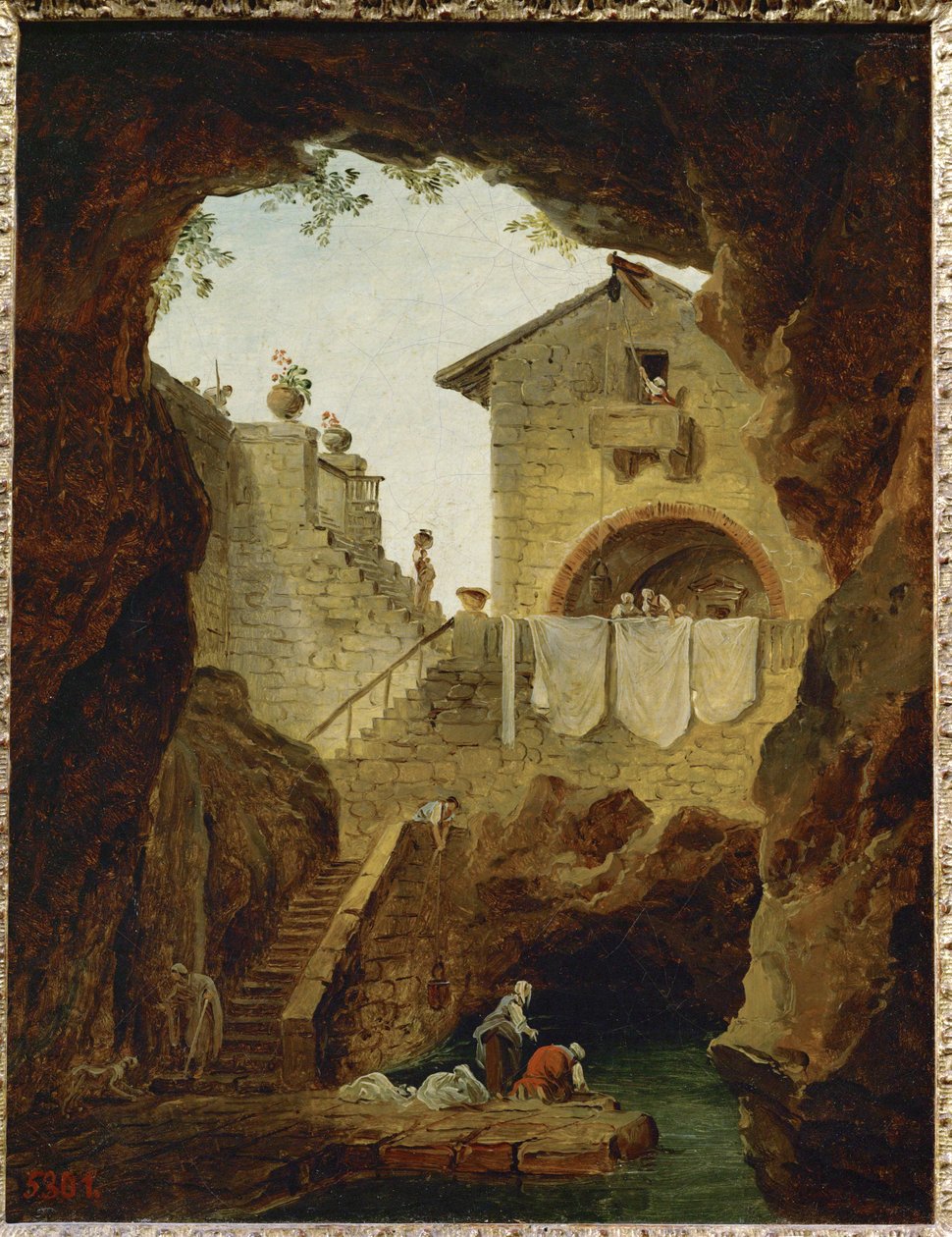 Lavandieres. La fontaine sous la grotte. Mosónők. A szökőkút a barlangban ... alkotó: Hubert (circle of) Robert