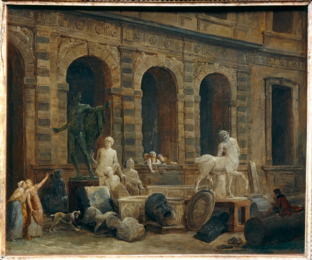 A régiségek rajzolója a Louvre Petite Galerie előtt ... alkotó: Hubert (circle of) Robert