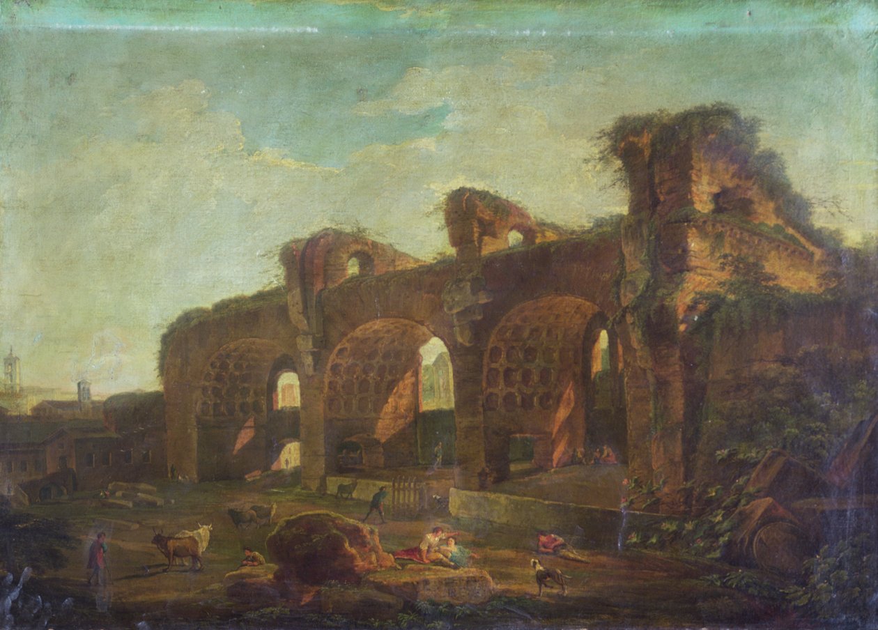 Maxentius-bazilika a Forum Romanumban parasztokkal és szarvasmarhákkal az előtérben (olaj, vászon) alkotó: Hubert (circle of) Robert