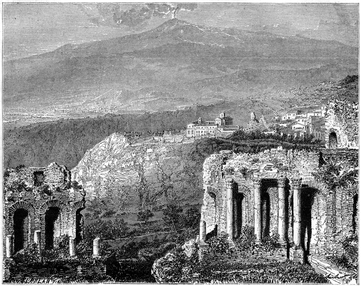 Az Etna és Taormina kilátása, Szicília, Olaszország, 19. század alkotó: Hubert Clerget