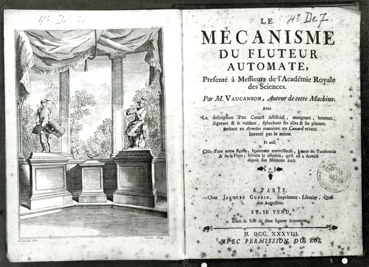 Automaták, Jacques de Vaucanson „Le Mecanisme du fluteur automate” című művéből készült előlap illusztrációja, metszett: Francois Vivares (1709-80) 1738 alkotó: Hubert Francois Gravelot