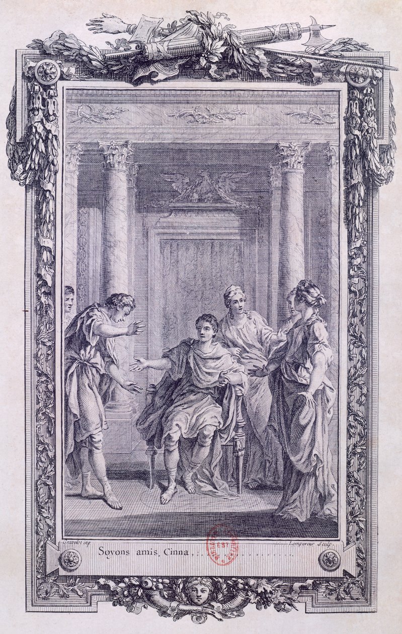 Cinna avagy Augustus kegyelme, Pierre Corneille (1606-1684) tragédiája, Gravelot metsze (1699-1773) alkotó: Hubert Francois Gravelot