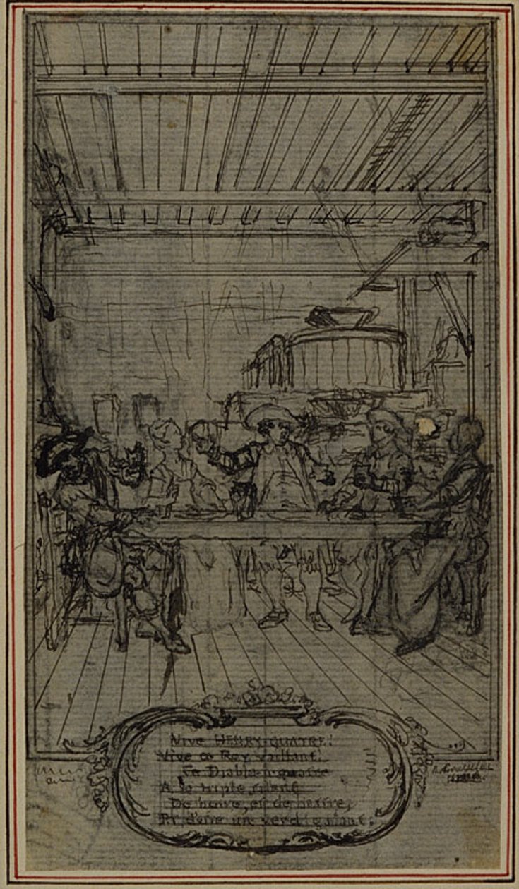 Tanulmány Colle "La Partie de Chasse de Henri IV", III. felvonás, Vive Henry Quatre! alkotó: Hubert Francois Gravelot