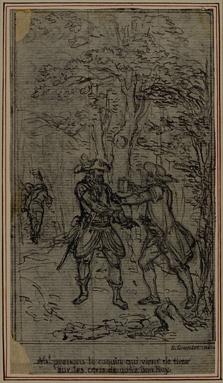 Tanulmány Colle "La Partie de Chasse de Henri IV" című művének II. felvonásából készült vignetta-előképhez. alkotó: Hubert Francois Gravelot