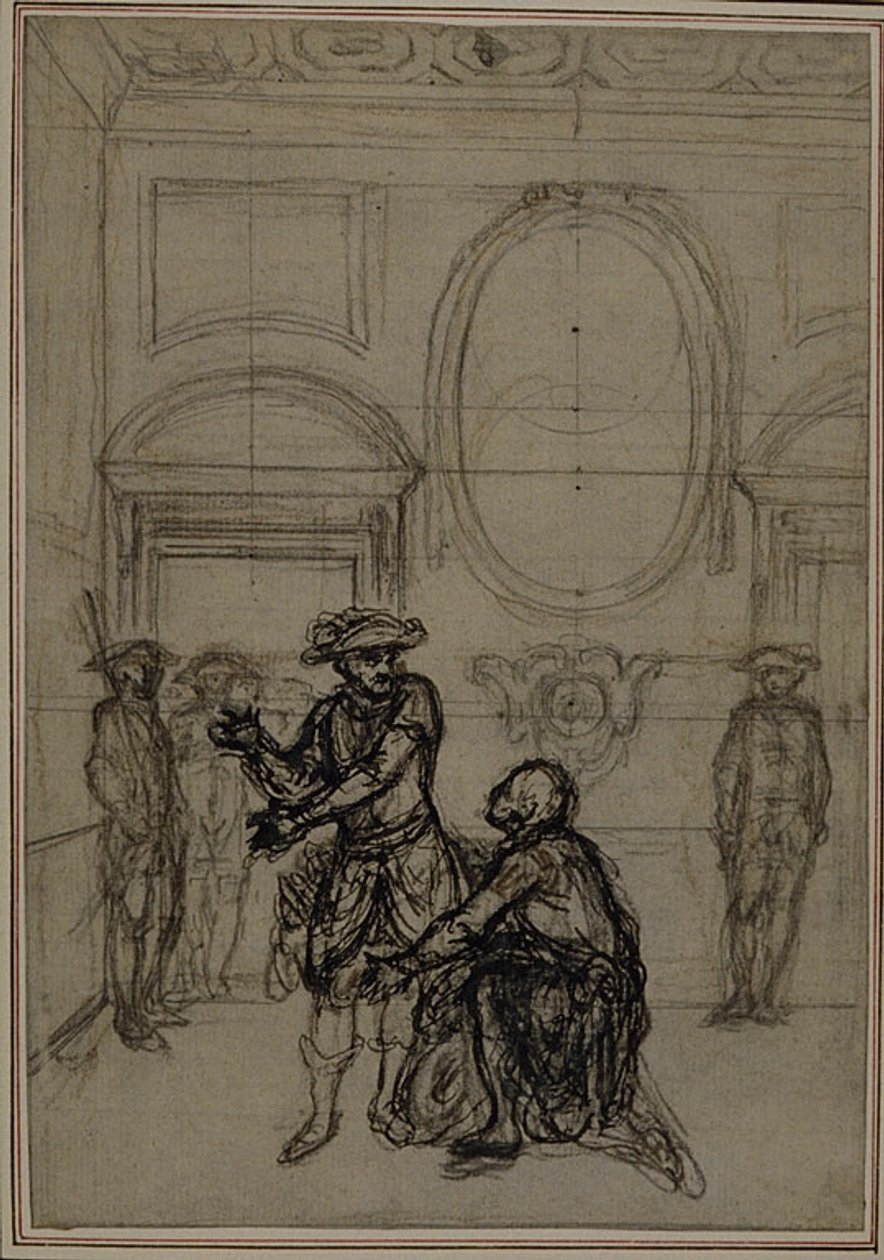 Tanulmány Colle "La Partie de Chasse de Henri IV" című művének második, soha ki nem adott kiadásához, I. felvonás, 6. jelenet. alkotó: Hubert Francois Gravelot