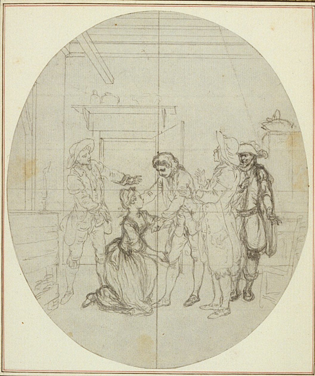 Tanulmány Colle "La Partie de Chasse de Henri IV" című művének második, soha ki nem adott kiadásához, III. felvonás, 11. jelenet. alkotó: Hubert Francois Gravelot