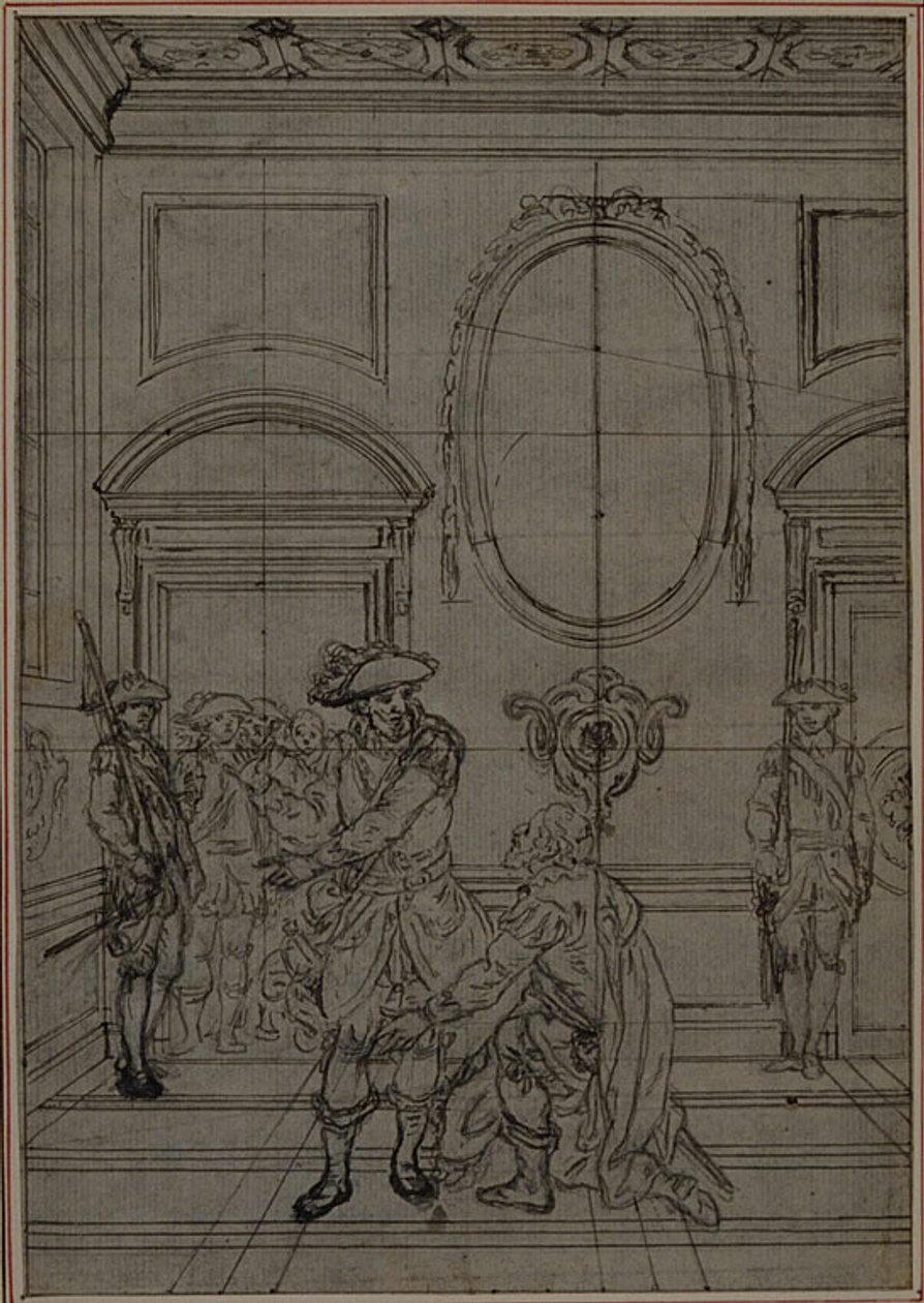 Tanulmány Colle "La Partie de Chasse de Henri IV" című művének második, soha ki nem adott kiadásához, I. felvonás, 6. jelenet. alkotó: Hubert Francois Gravelot