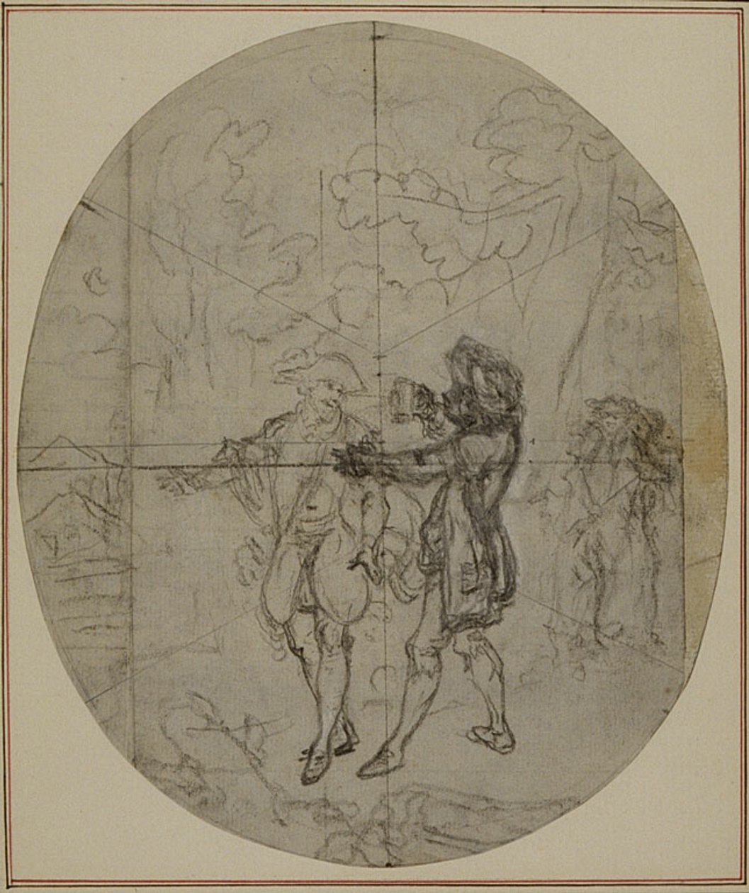 Tanulmány Colle "La Partie de Chasse de Henri IV" című művének második, soha ki nem adott kiadásához, II. felvonás, 11. jelenet. alkotó: Hubert Francois Gravelot