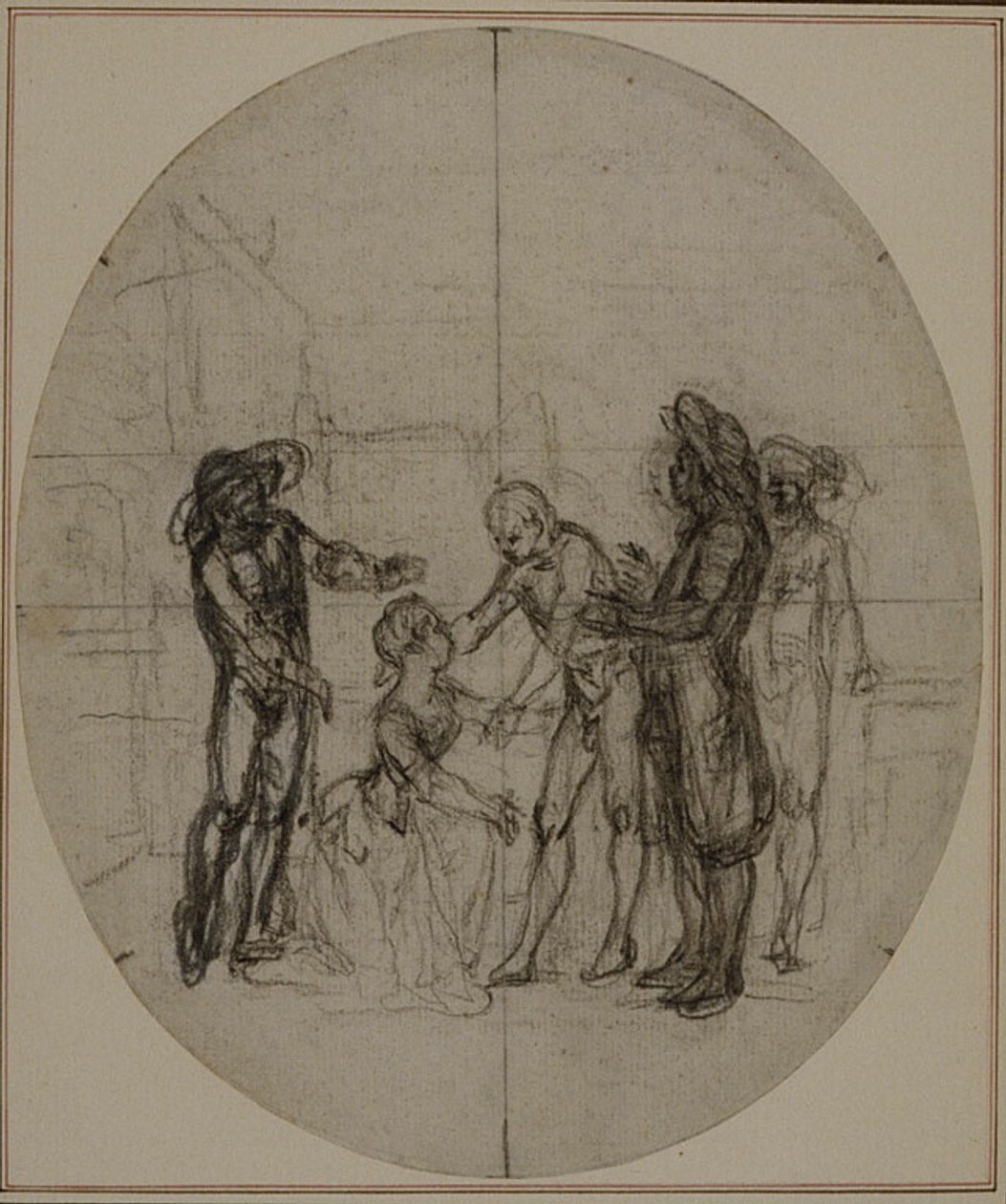 Tanulmány Colle "La Partie de Chasse de Henri IV" című művének második, soha ki nem adott kiadásához, III. felvonás, 11. jelenet. alkotó: Hubert Francois Gravelot