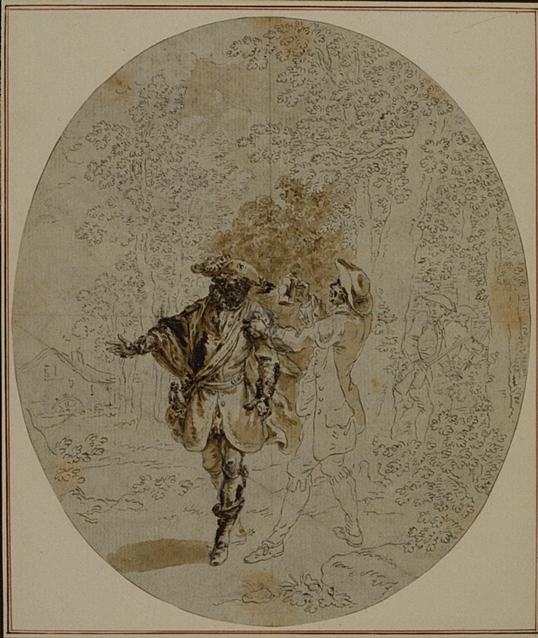 Tanulmány Colle "La Partie de Chasse de Henri IV" című művének második, soha ki nem adott kiadásához, II. felvonás, 11. jelenet. alkotó: Hubert Francois Gravelot