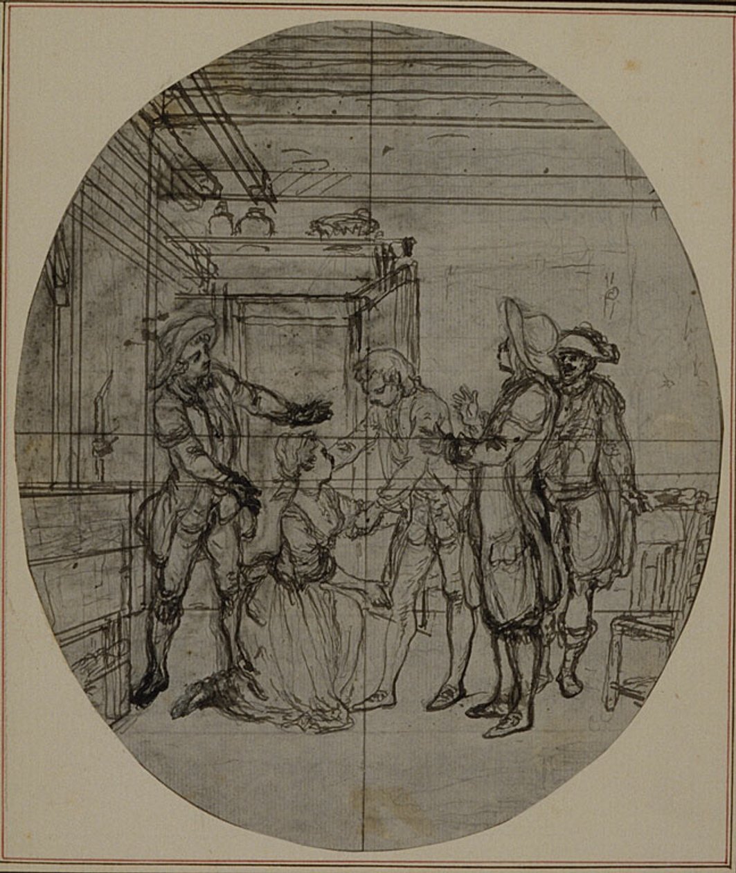 Tanulmány Colle "La Partie de Chasse de Henri IV" című művének második, soha ki nem adott kiadásához, III. felvonás, 11. jelenet. alkotó: Hubert Francois Gravelot