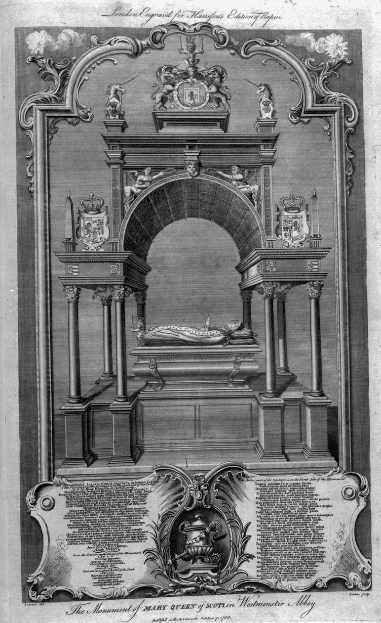 Mária skót királynő emlékműve a Westminster apátságban, illusztráció Rapin „Anglia története” című művéből, metszett John Goldar, 1786 alkotó: Hubert Francois Gravelot