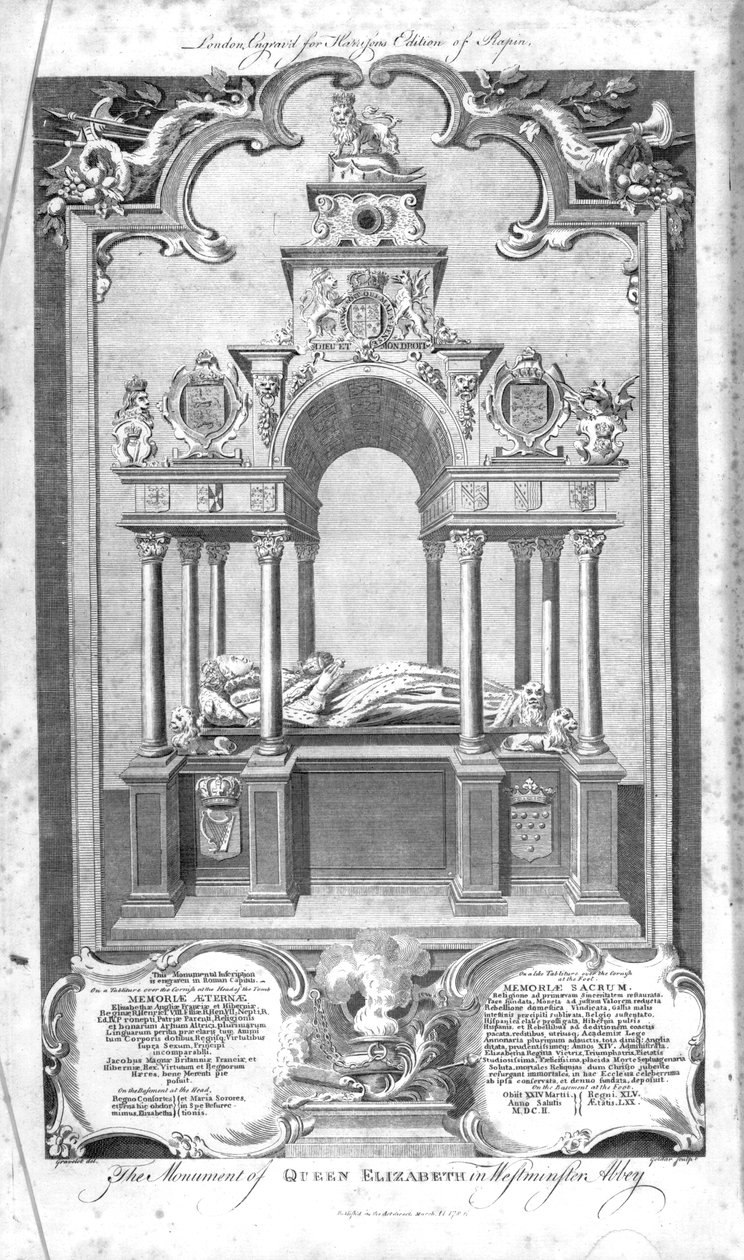 Erzsébet királynő emlékműve a Westminster Abbey-ben, illusztráció Rapin „Anglia története” című művéből, metszett John Goldar, 1786 alkotó: Hubert Francois Gravelot