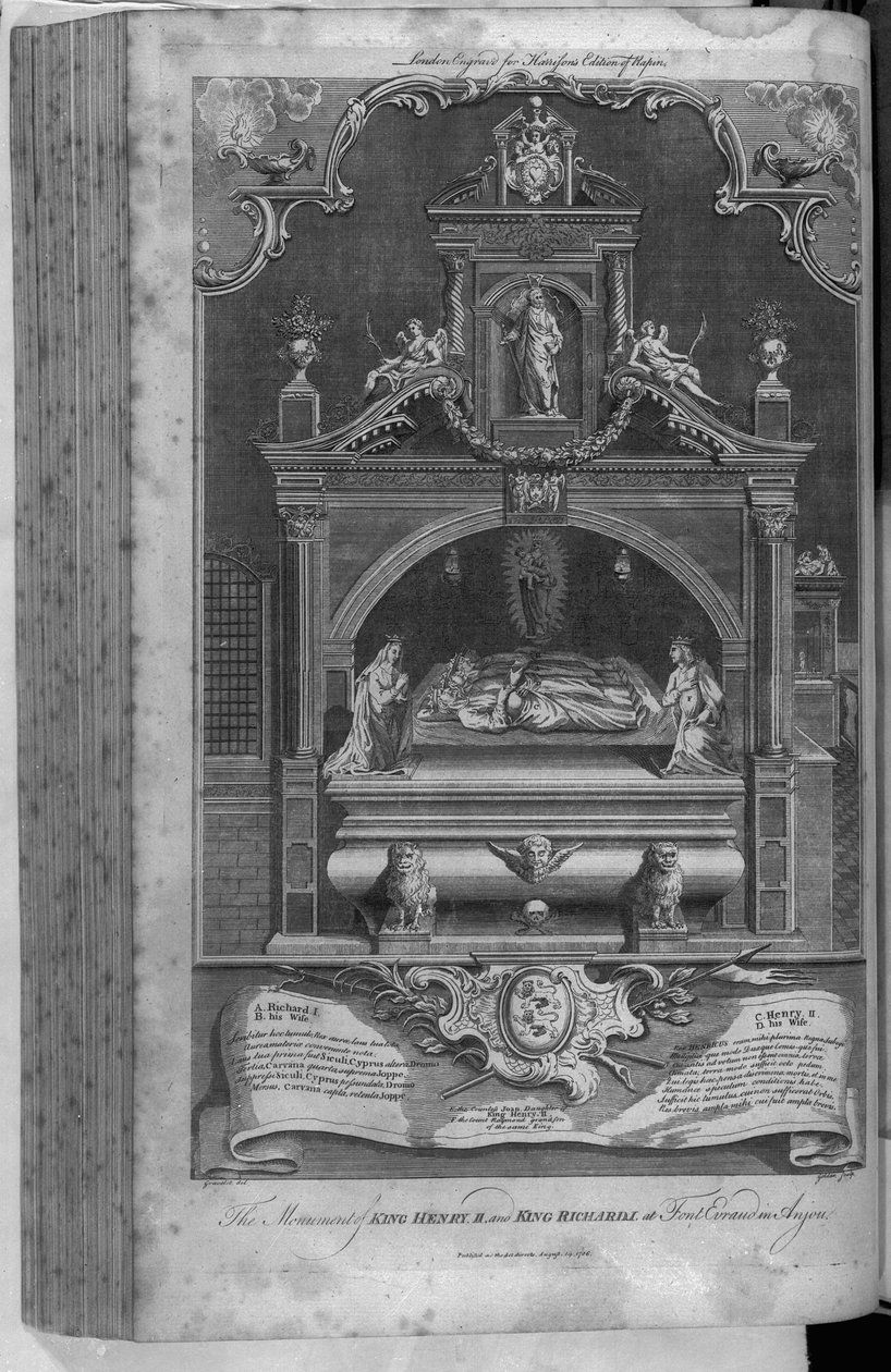 II. Henrik és I. Richárd emlékműve a Fontevrault-i apátságban, John Goldar metszete, 1786 alkotó: Hubert Francois Gravelot