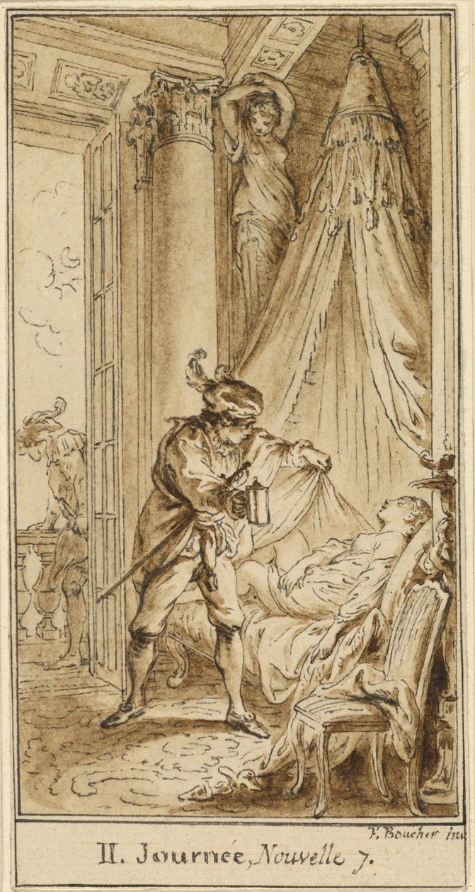 Második nap, hetedik történet: Athén hercege az alvó Alatiel hercegnőről elmélkedik alkotó: Hubert François Gravelot after François Boucher
