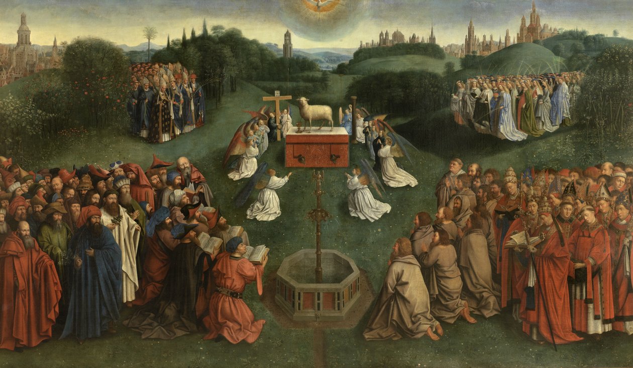 A misztikus bárány imádatának másolata a genti oltárképről, a központi panel alsó fele (olaj a táblán) alkotó: Hubert & Jan van (1390 1441) (after) Eyck