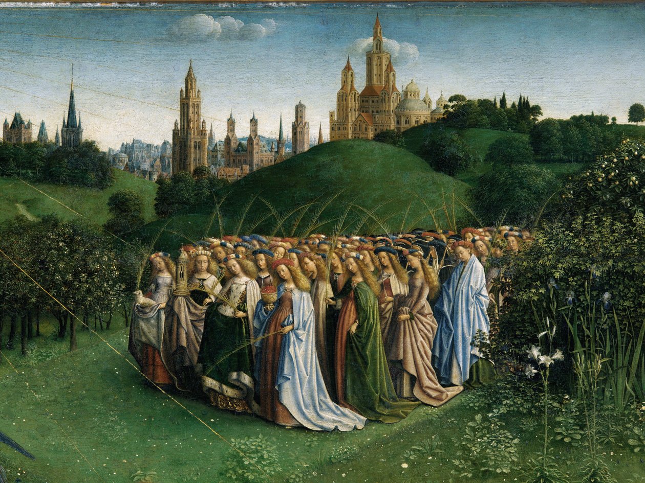 A misztikus bárány imádása, a genti oltárképről, a központi panel alsó felének részlete alkotó: Hubert & Jan van (1390 1441) Eyck