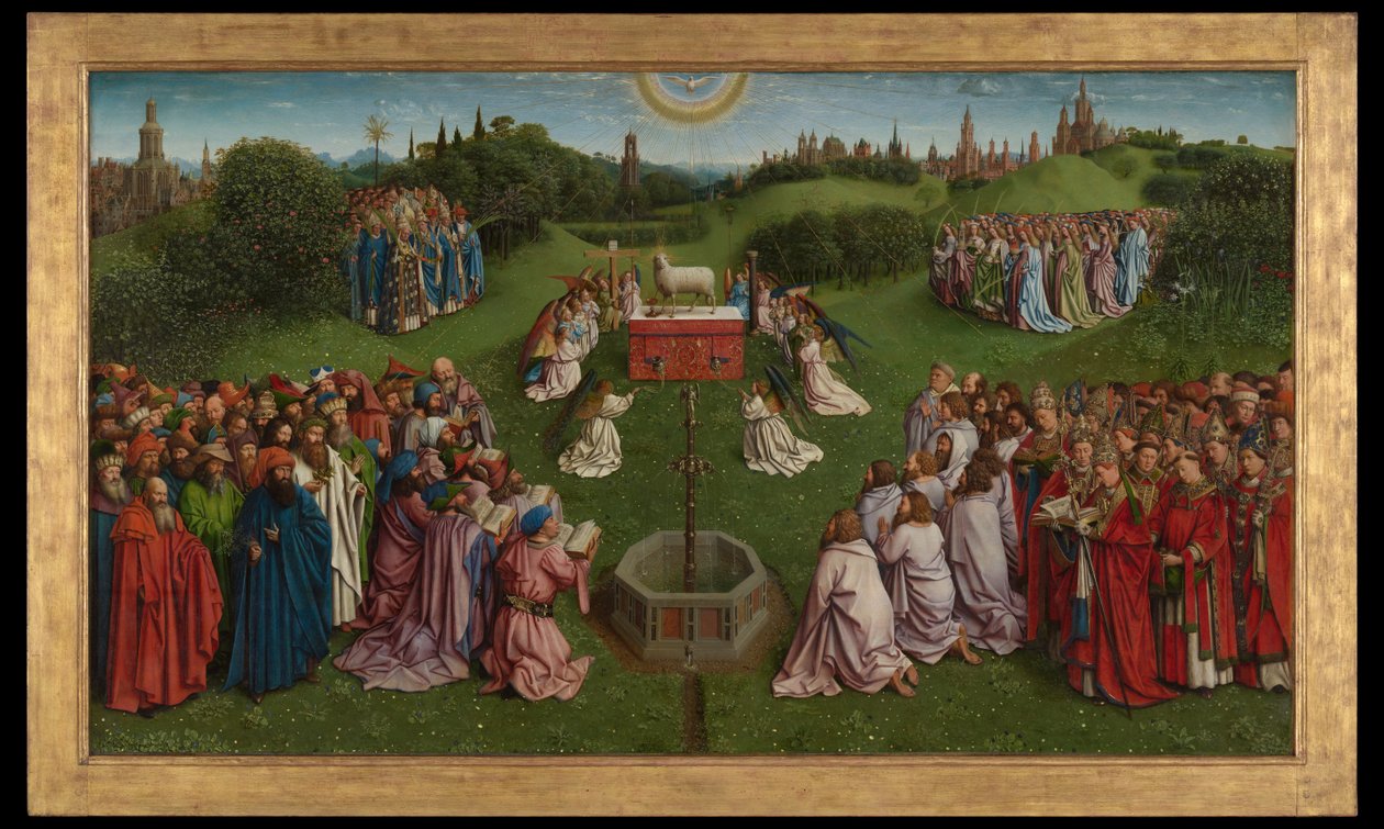 A misztikus bárány imádása, a genti oltárképről, a központi panel alsó fele alkotó: Hubert & Jan van (1390 1441) Eyck