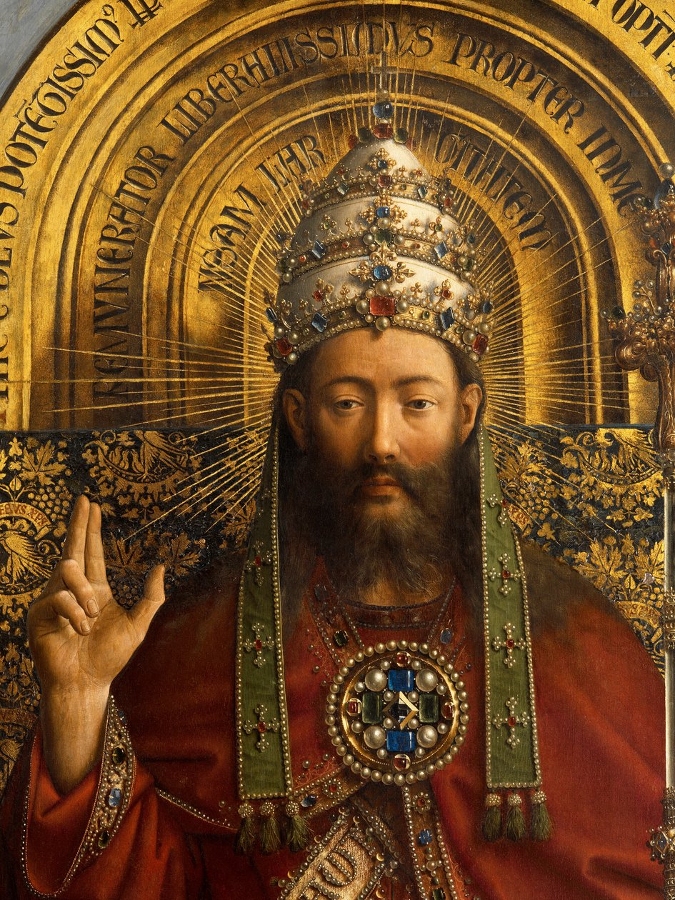 Részlet az Atyaistenről, a genti oltárkép központi táblája alkotó: Hubert & Jan van (1390 1441) Eyck