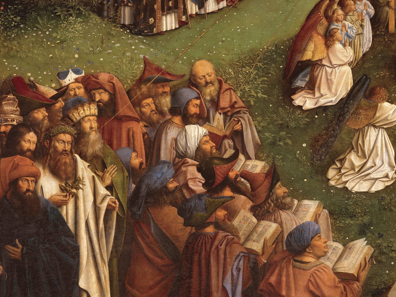 A misztikus bárány imádatának részlete a genti oltárkép középső paneljéről (olaj a táblán) alkotó: Hubert & Jan van (1390-1441) Eyck