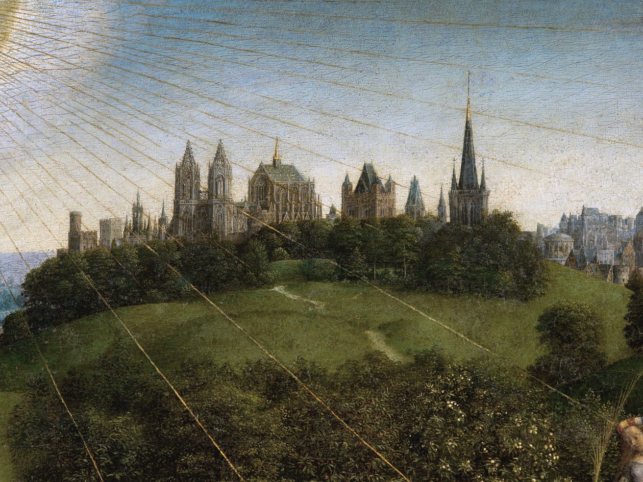 A misztikus bárány imádatának részlete a genti oltárkép középső paneljéről (olaj a táblán) alkotó: Hubert & Jan van (1390 1441) Eyck