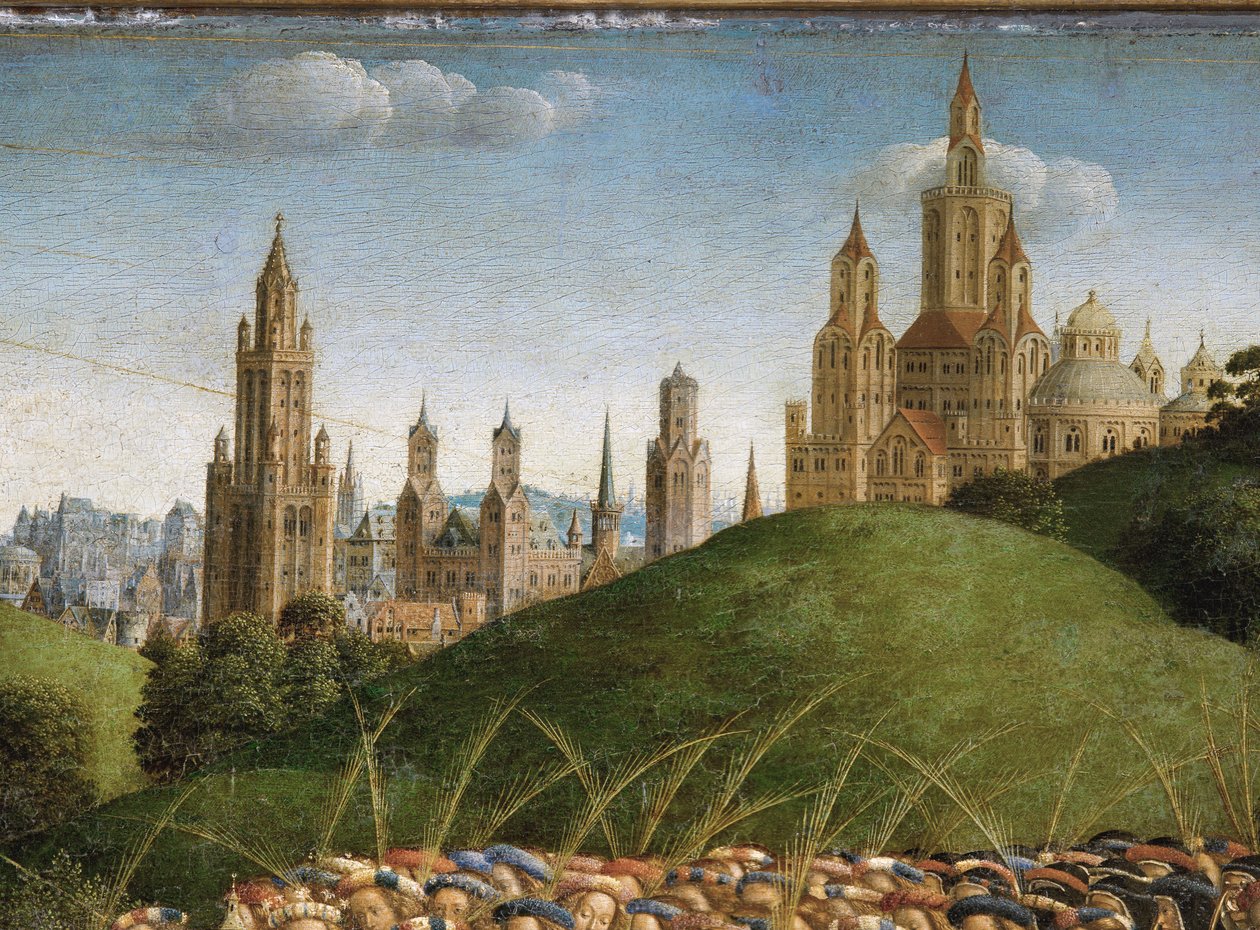 A misztikus bárány imádatának részlete a genti oltárkép középső paneljéről (olaj a táblán) alkotó: Hubert & Jan van (1390 1441) Eyck