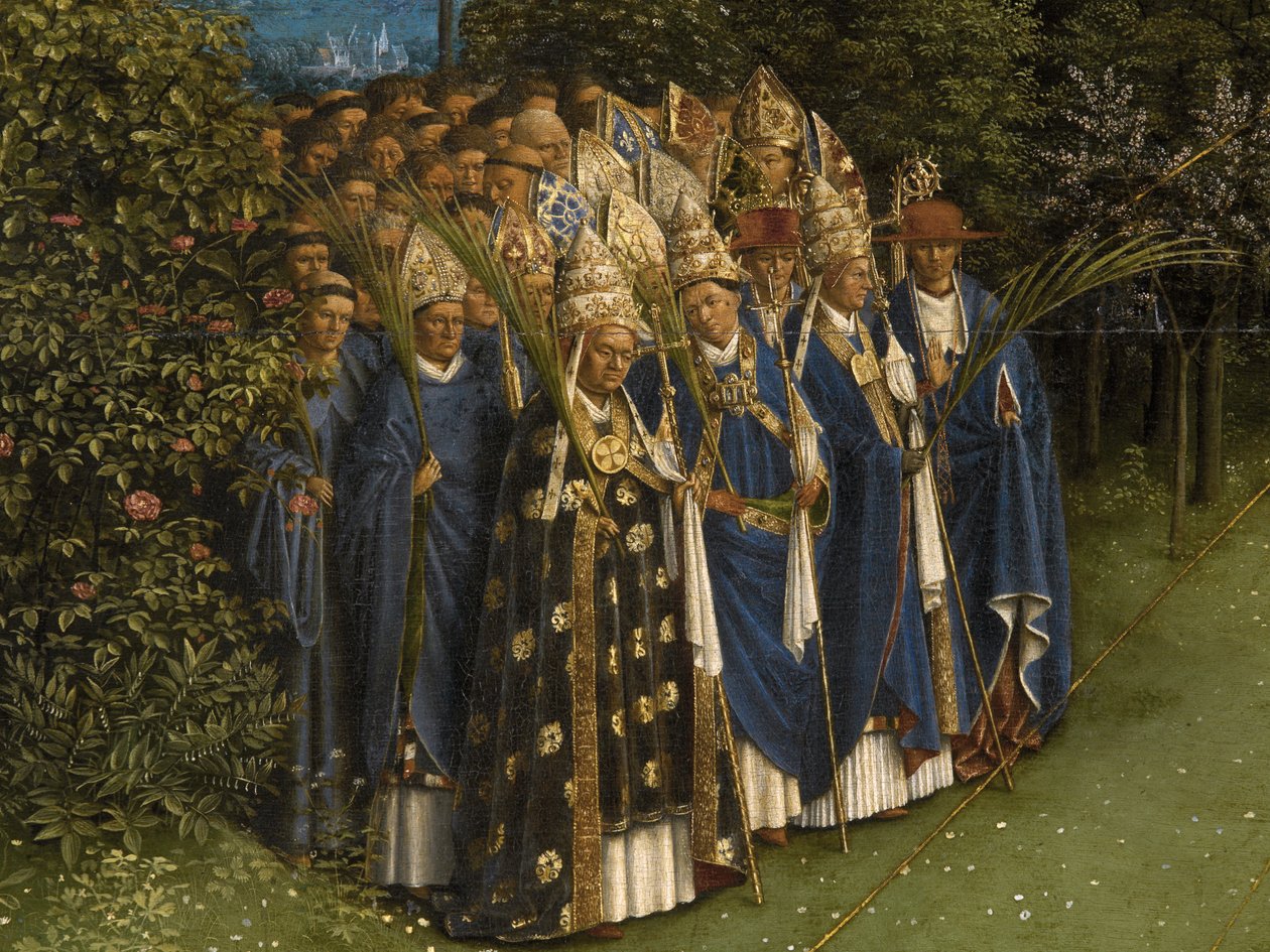 A misztikus bárány imádatának részlete a genti oltárkép középső paneljéről (olaj a táblán) alkotó: Hubert & Jan van (1390-1441) Eyck