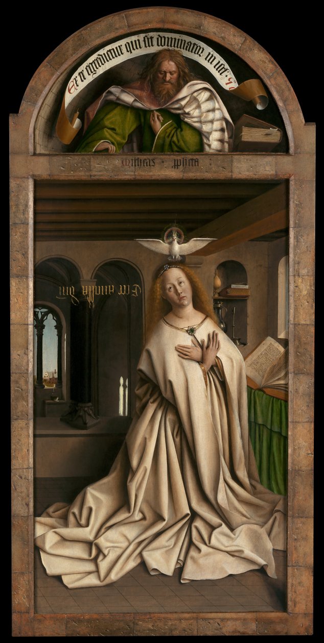 Lunette: Mikeás próféta. Alsó panel: Virgin Annunciate, a genti oltárkép jobb oldali paneljének kívülről alkotó: Hubert & Jan van (1390 1441) Eyck
