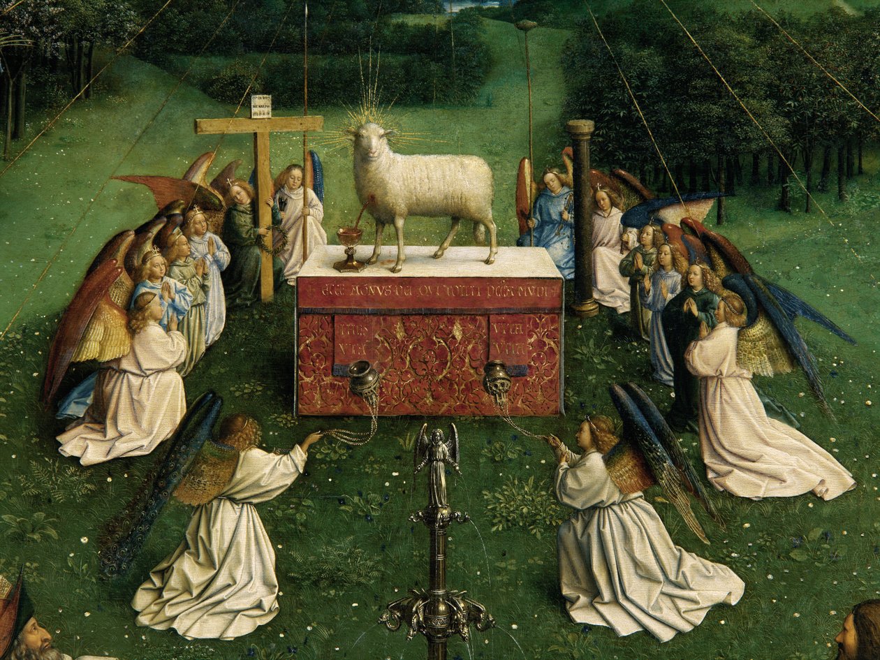 A misztikus bárány imádása, a genti oltárképről, a központi panel alsó felének részlete alkotó: Hubert & Jan van (1390 1441) Eyck