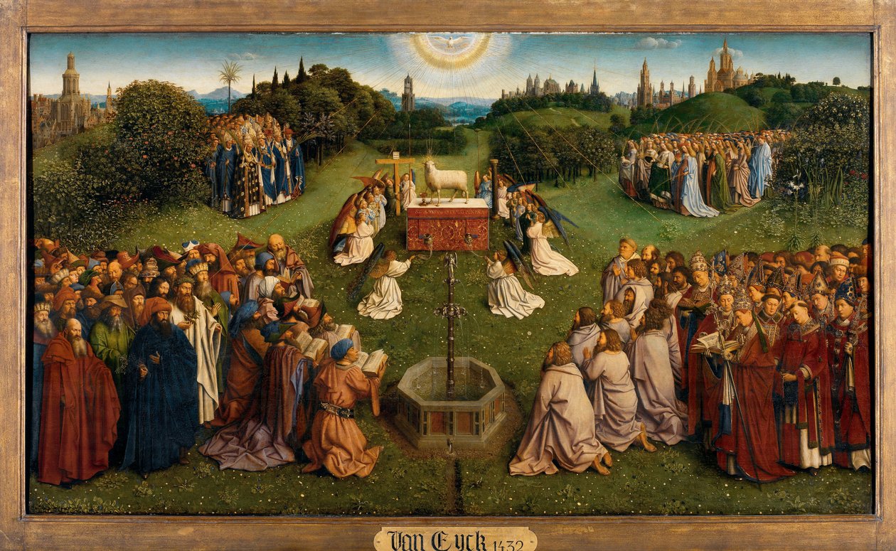 A misztikus bárány imádása, a genti oltárképről, a központi panel alsó fele alkotó: Hubert & Jan van (1390 1441) Eyck