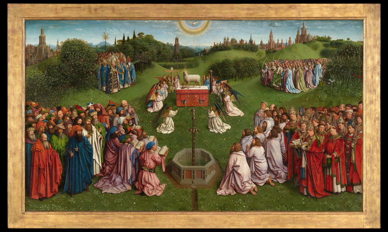 A misztikus bárány imádása, a genti oltárképről, a központi panel alsó fele alkotó: Hubert & Jan van (1390 1441) Eyck