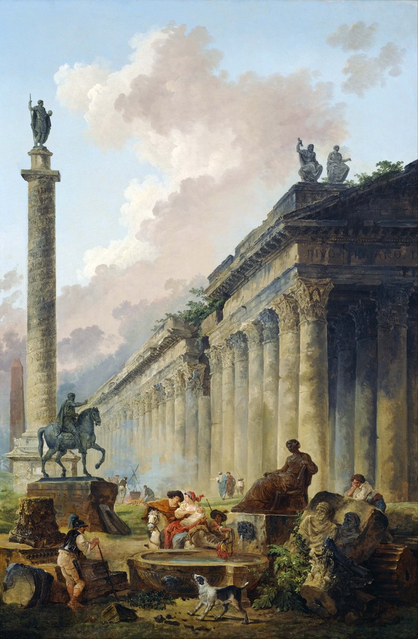 Képzeletbeli római tájkép Marcus Aurelius lovas szobrával, Traianus emlékoszloppal és templommal. alkotó: Hubert Robert